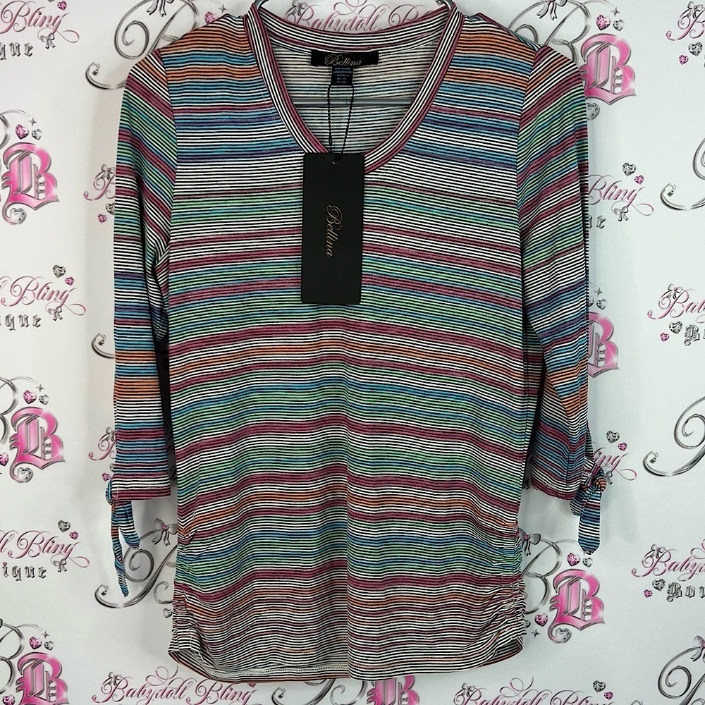 Bellinia top tie up sleeves rainbow Multicolor Striped new with tags Blouse